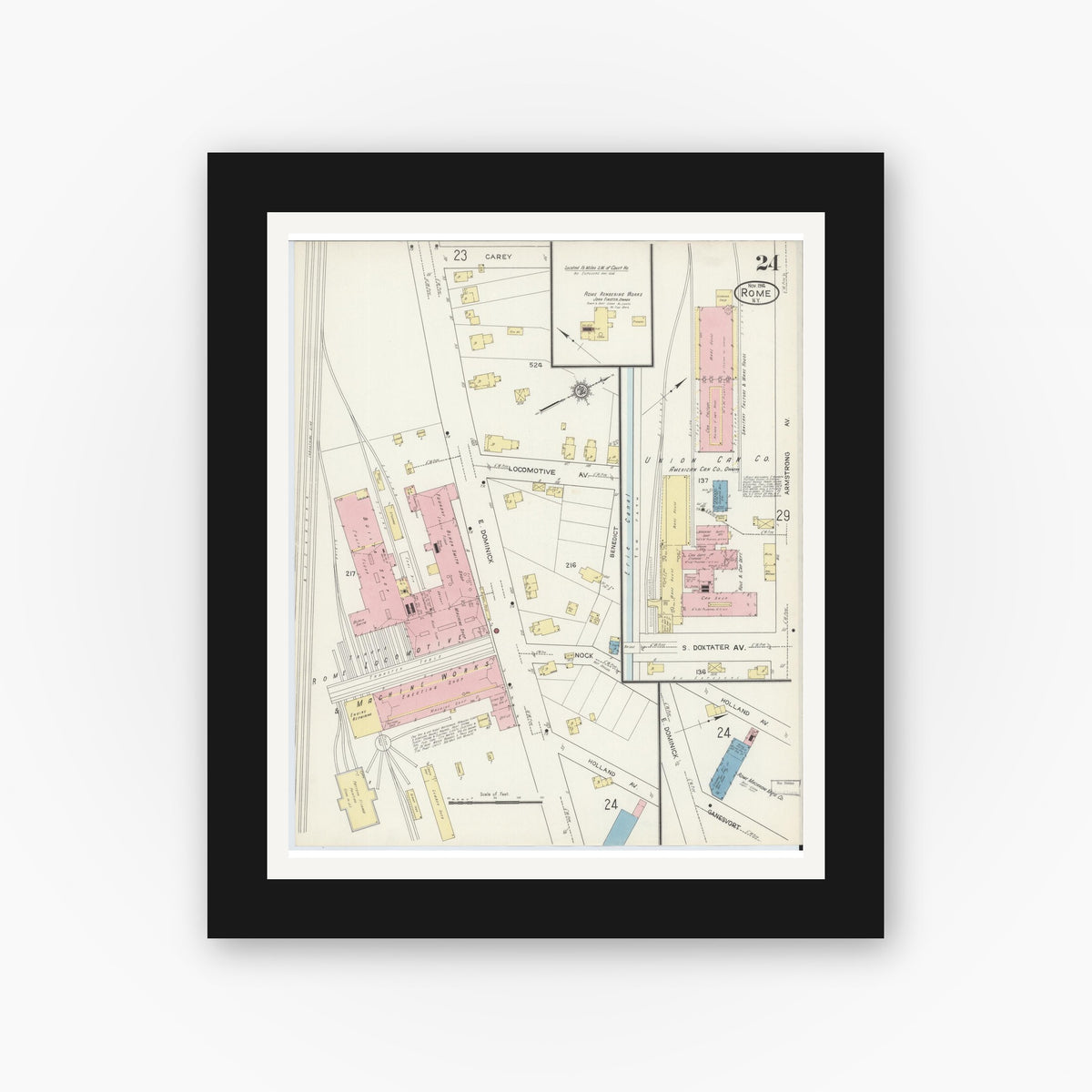 Old map wall art mockup — black gallery frame with white mat — Sanborn Fire Insurance Map from Rome, Oneida County, New York (1914), Sheet #0024