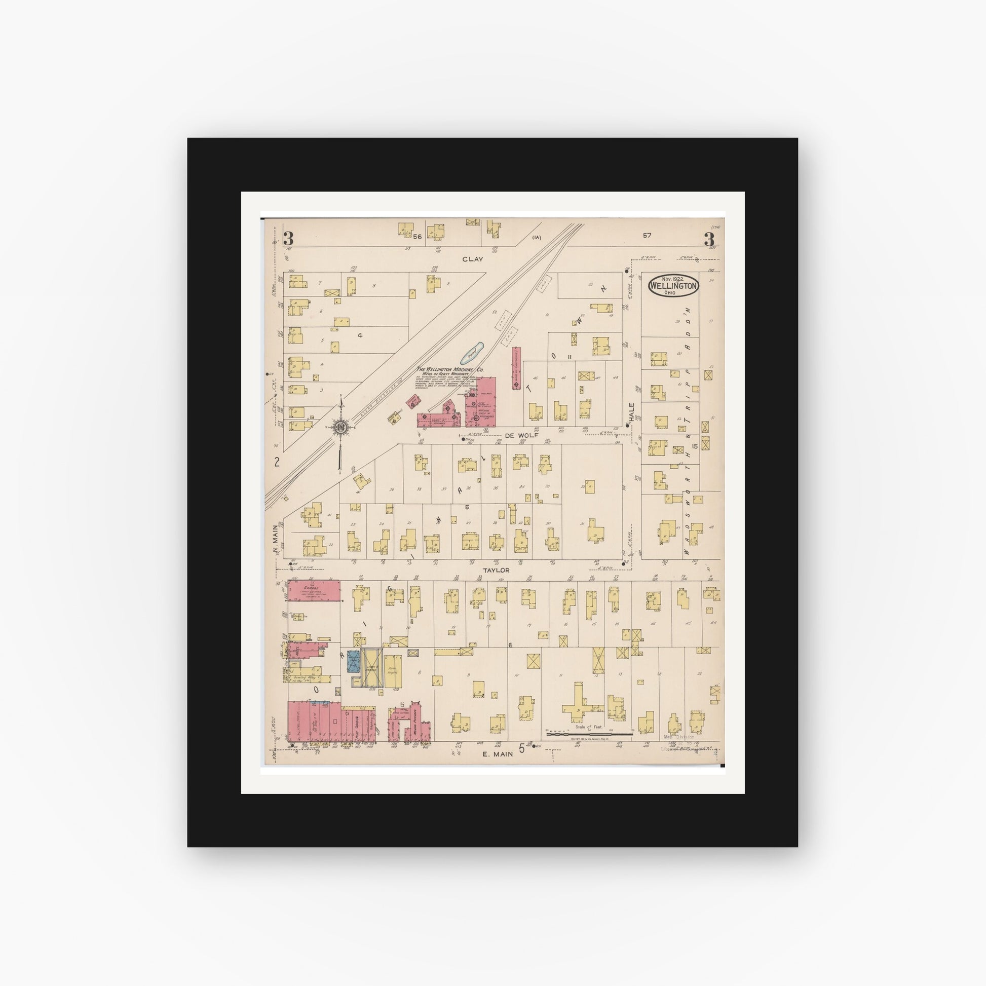 Old map wall art mockup — black gallery frame with white mat — Sanborn Fire Insurance Map from Wellington, Lorain County, Ohio (1922), Sheet #0003