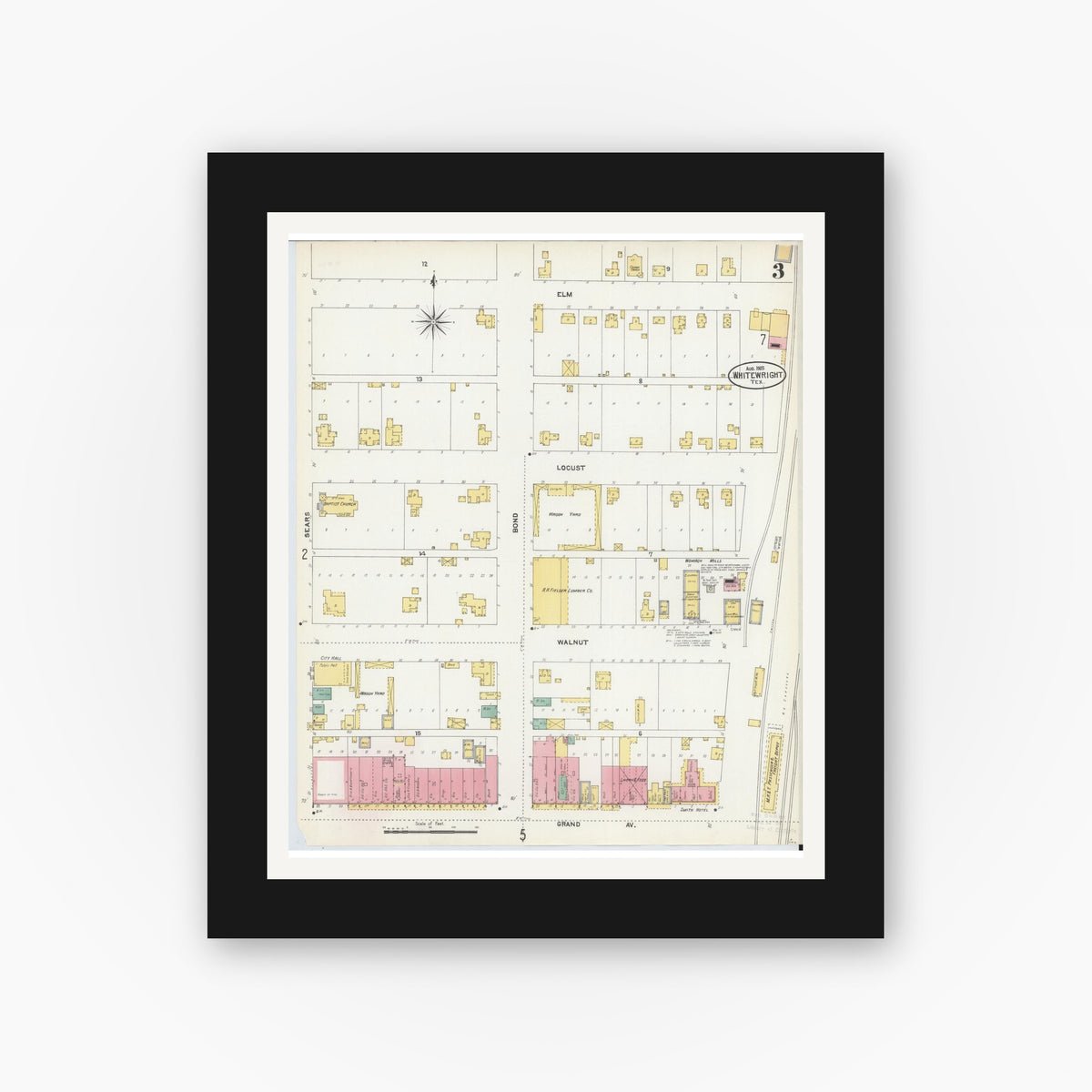 Old map wall art mockup — black gallery frame with white mat — Sanborn Fire Insurance Map from Whitewright, Grayson County, Texas (1905), Sheet #0003