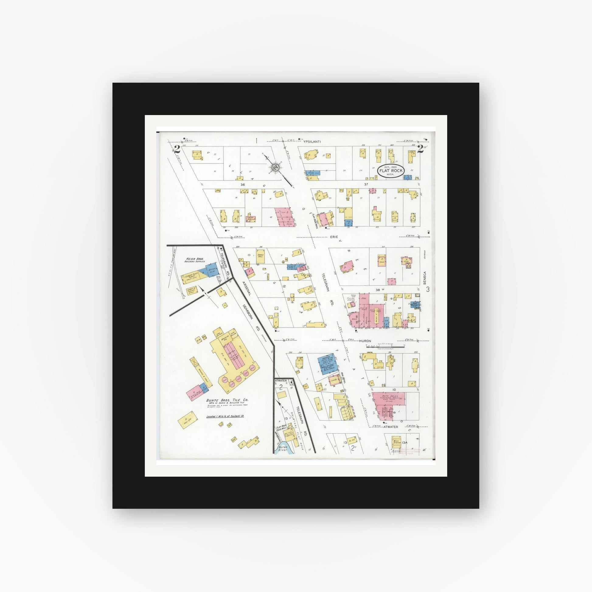Old map wall art mockup — black gallery frame with white mat — Sanborn Fire Insurance Map from Flat Rock, Wayne County, Michigan (1929), Sheet #0002