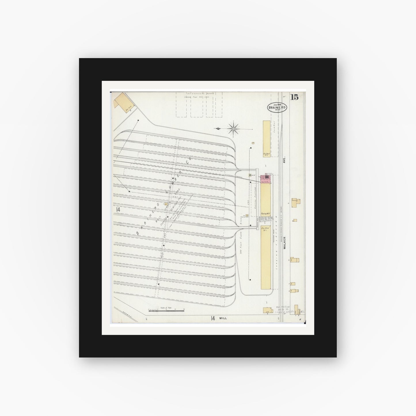 Old map wall art mockup — black gallery frame with white mat — Sanborn Fire Insurance Map from Brainerd, Crow Wing County, Minnesota (1898), Sheet #0015