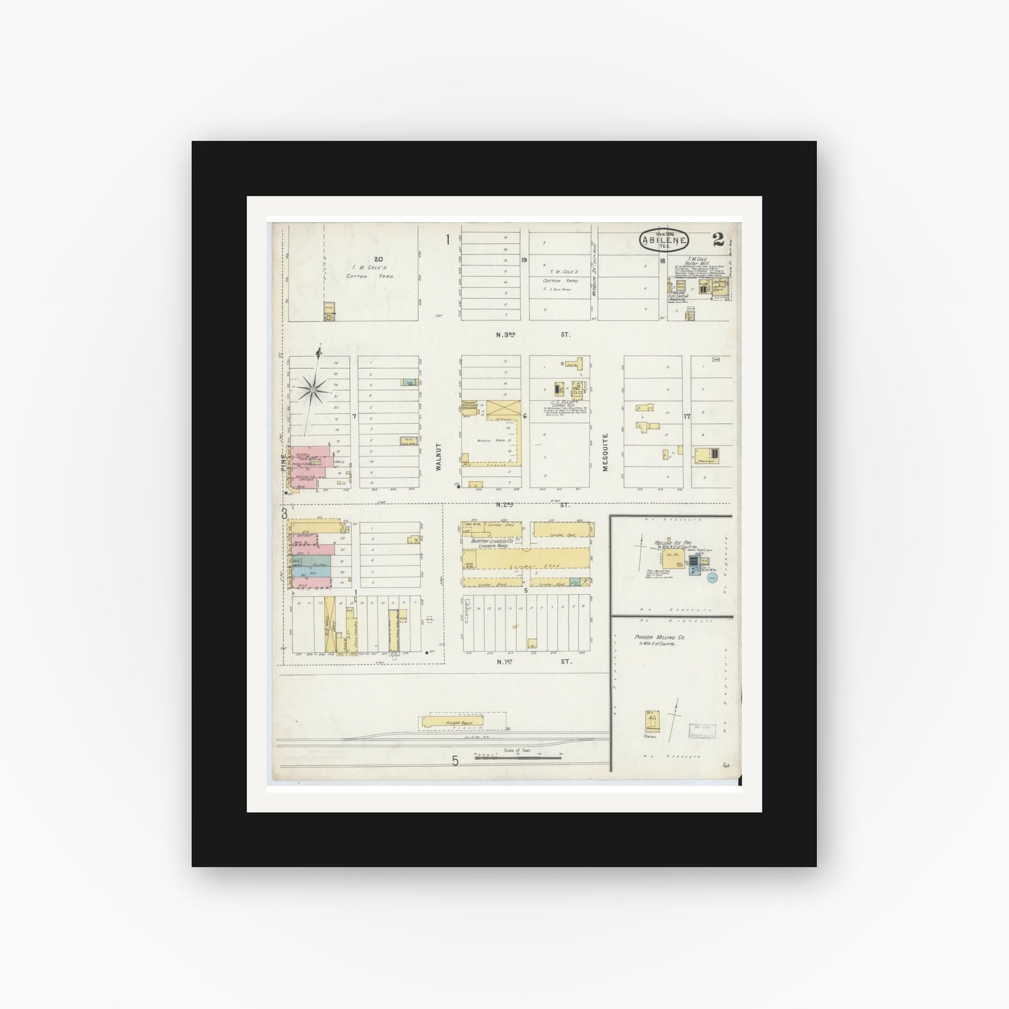 Old map wall art mockup — black gallery frame with white mat — Sanborn Fire Insurance Map from Abilene, Taylor County, Texas (1896), Sheet #0002