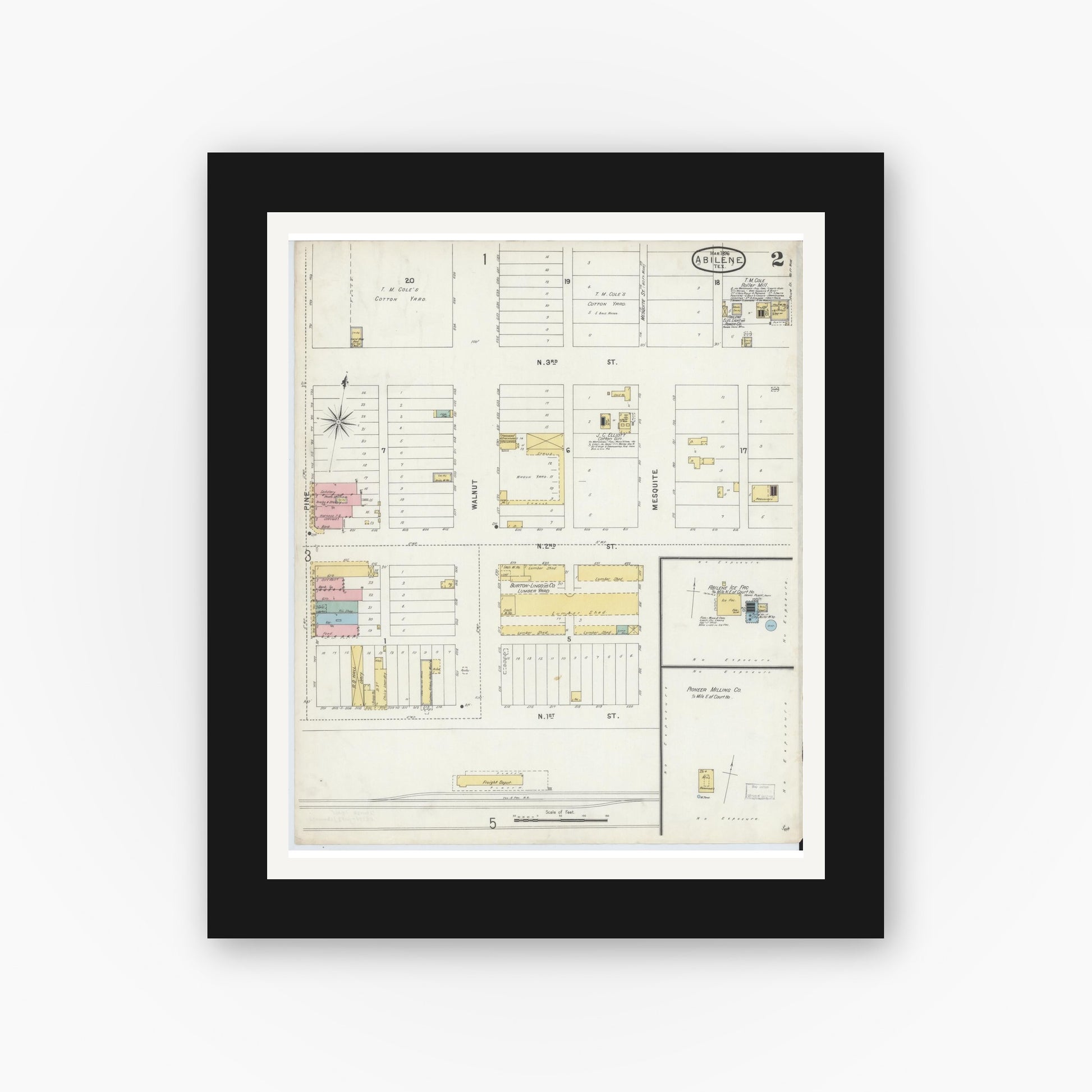 Old map wall art mockup — black gallery frame with white mat — Sanborn Fire Insurance Map from Abilene, Taylor County, Texas (1896), Sheet #0002