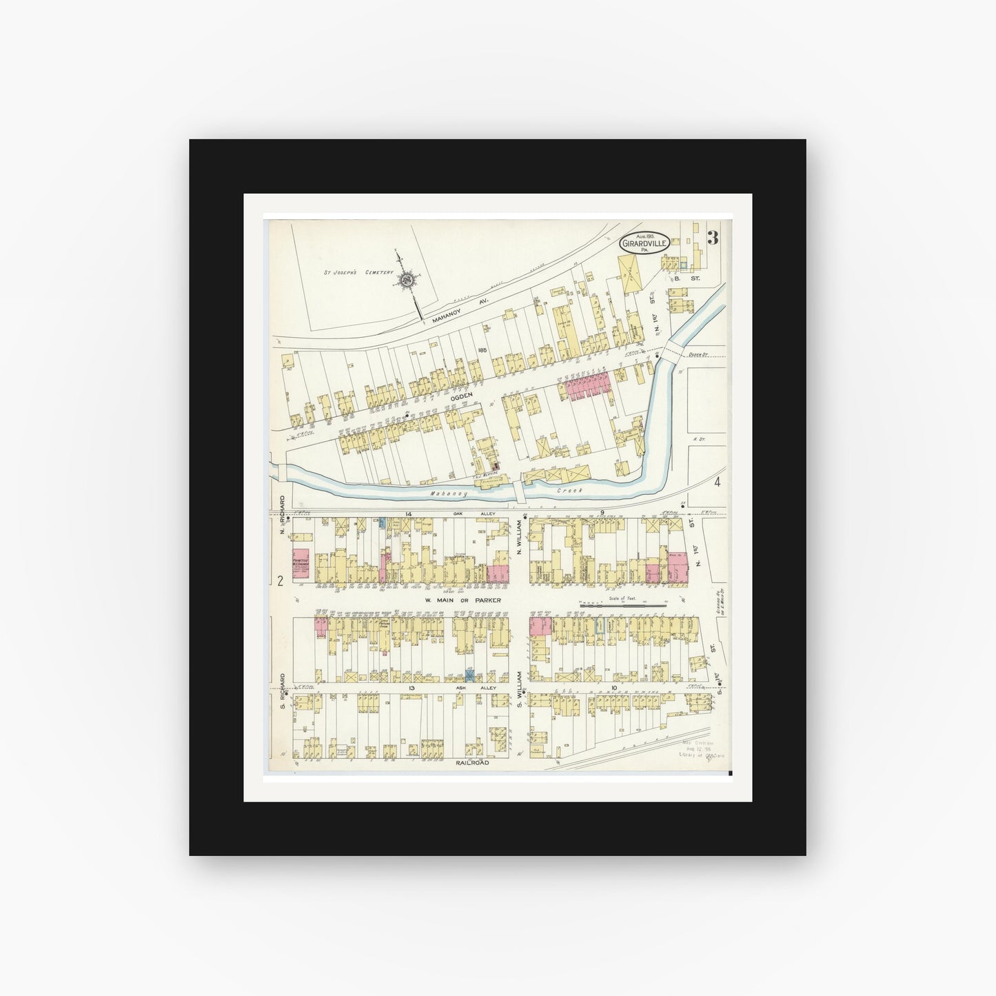 Old map wall art mockup — black gallery frame with white mat — Sanborn Fire Insurance Map from Girardsville, Schuylkill County, Pennsylvania (1913), Sheet #0003