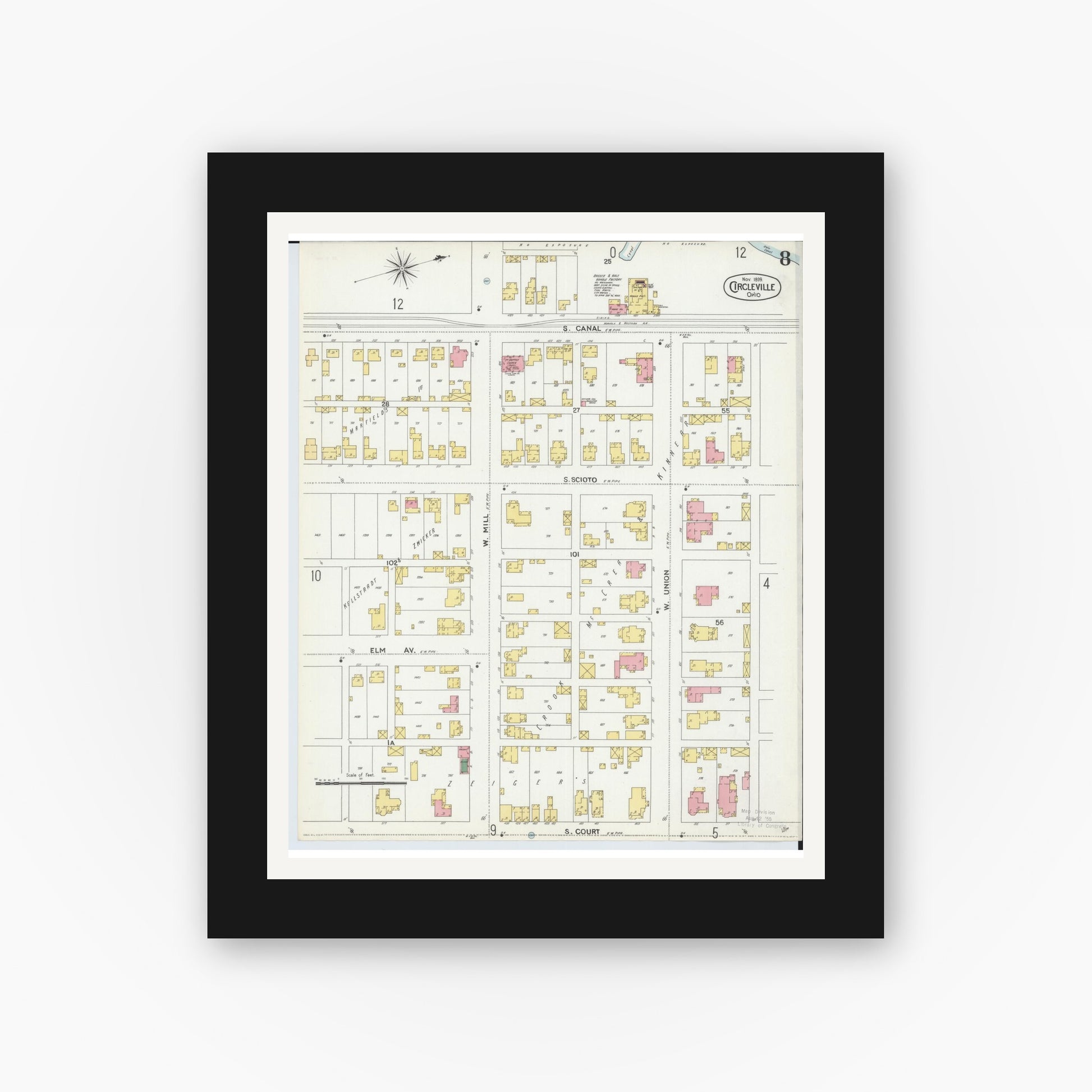 Old map wall art mockup — black gallery frame with white mat — Sanborn Fire Insurance Map from Circleville, Pickaway County, Ohio (1899), Sheet #0008