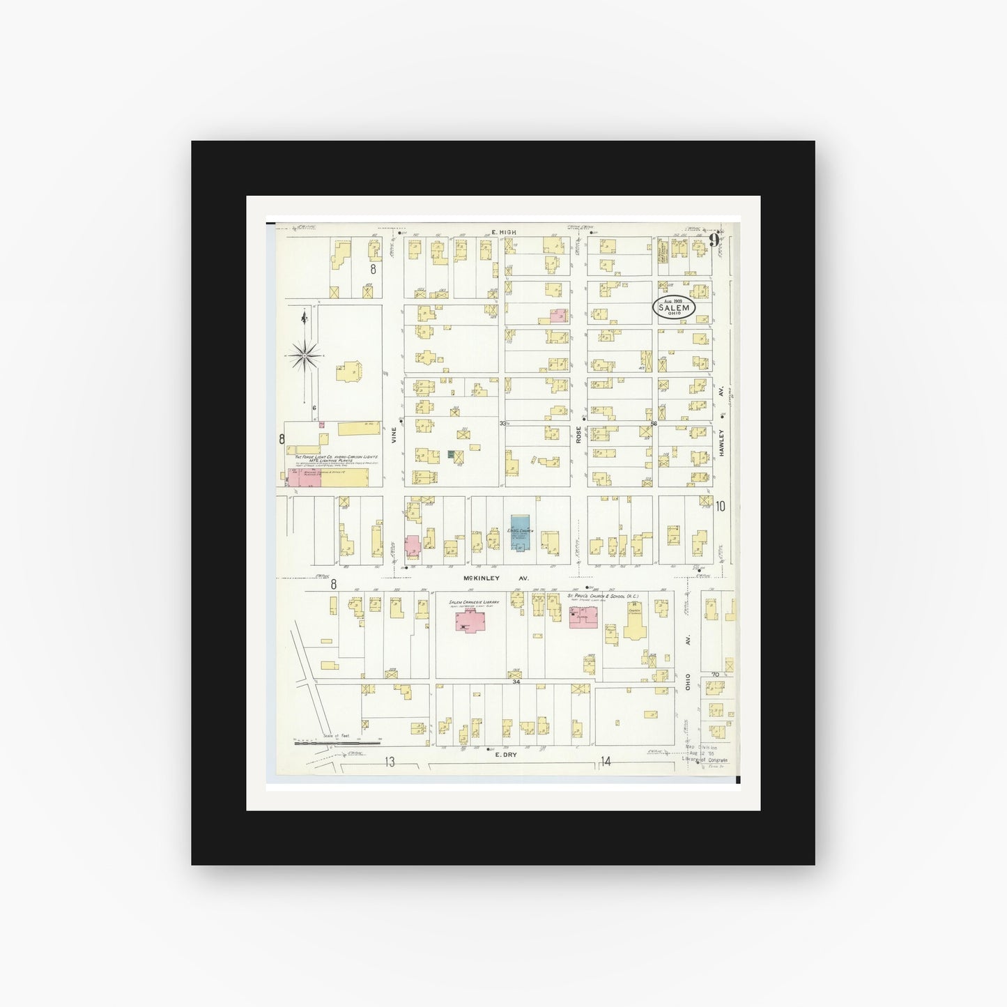 Old map wall art mockup — black gallery frame with white mat — Sanborn Fire Insurance Map from Salem, Columbiana County, Ohio (1909), Sheet #0009