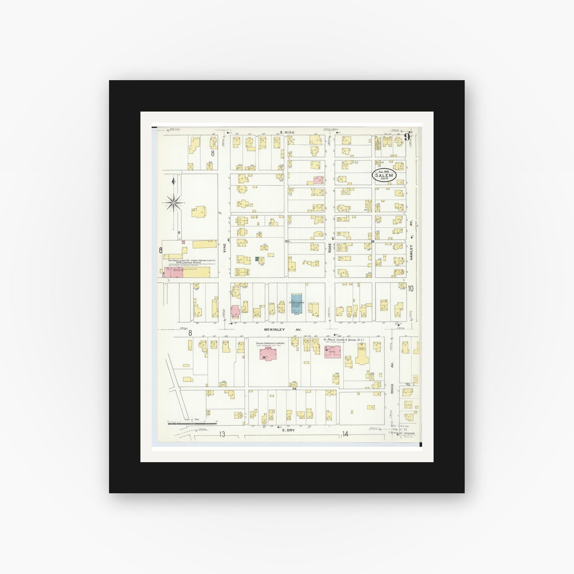 Old map wall art mockup — black gallery frame with white mat — Sanborn Fire Insurance Map from Salem, Columbiana County, Ohio (1909), Sheet #0009