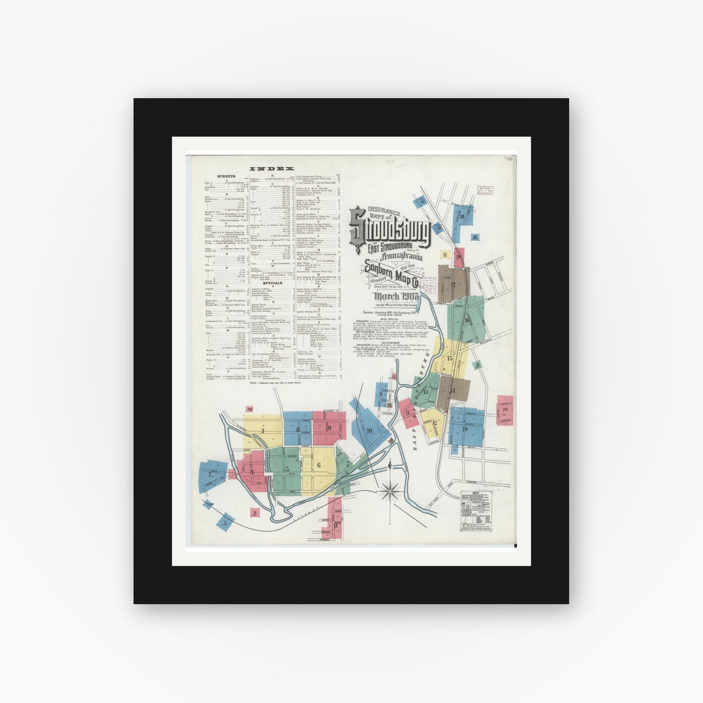 Old map wall art mockup — black gallery frame with white mat — Sanborn Fire Insurance Map from Stroudsburg, Monroe County, Pennsylvania (1905), Sheet #0001