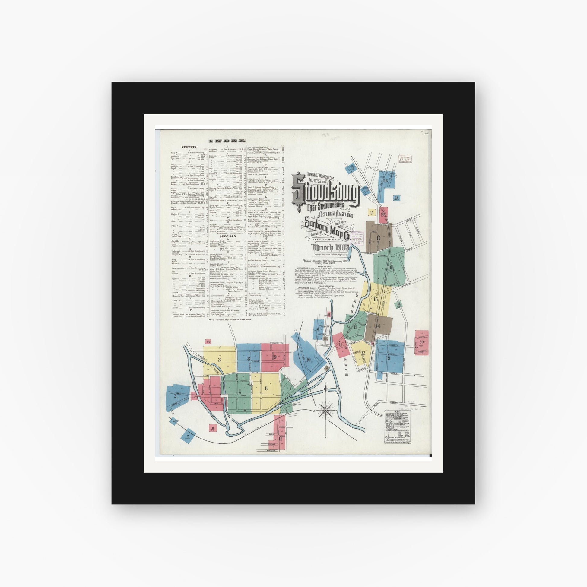 Old map wall art mockup — black gallery frame with white mat — Sanborn Fire Insurance Map from Stroudsburg, Monroe County, Pennsylvania (1905), Sheet #0001