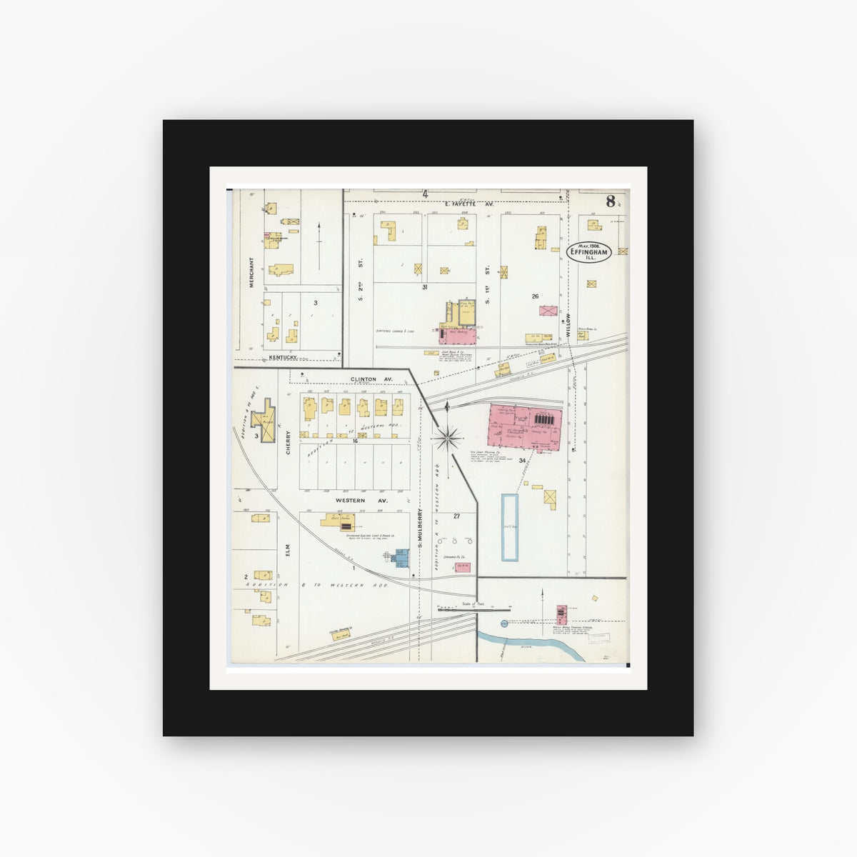 Old map wall art mockup — black gallery frame with white mat — Sanborn Fire Insurance Map from Effingham, Effingham County, Illinois (1906), Sheet #0008