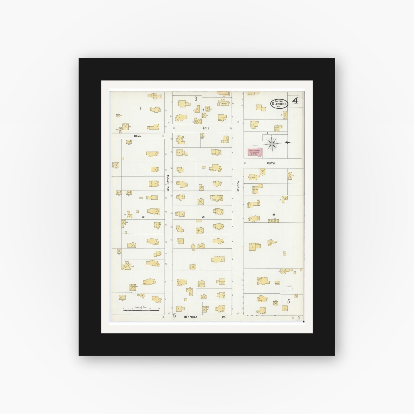 Old map wall art mockup — black gallery frame with white mat — Sanborn Fire Insurance Map from Dundee, Yates County, New York (1904), Sheet #0004