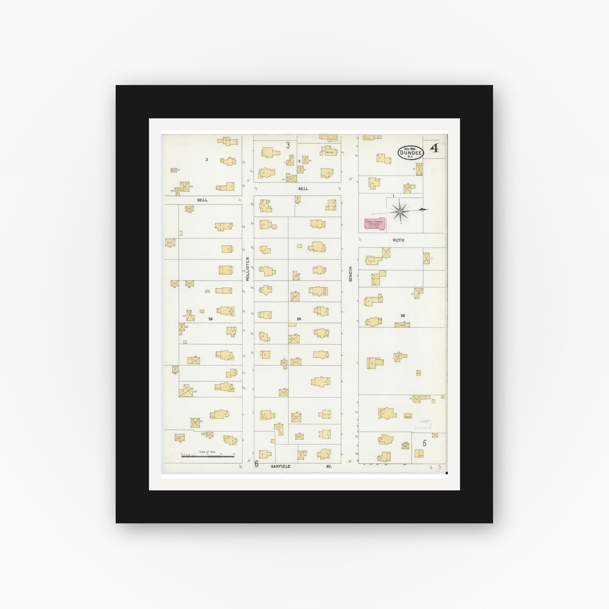 Old map wall art mockup — black gallery frame with white mat — Sanborn Fire Insurance Map from Dundee, Yates County, New York (1904), Sheet #0004
