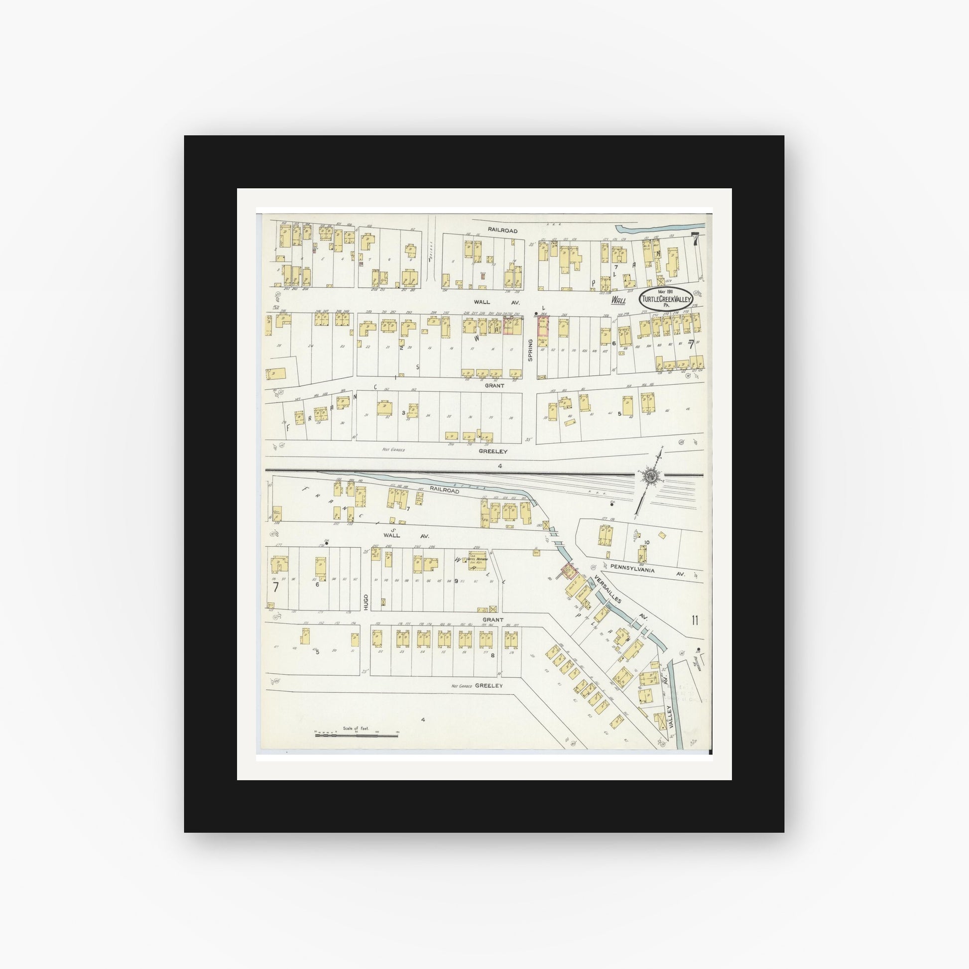 Old map wall art mockup — black gallery frame with white mat — Sanborn Fire Insurance Map from Turtle Creek Valley, Allegheny County, Pennsylvania (1911), Sheet #0007