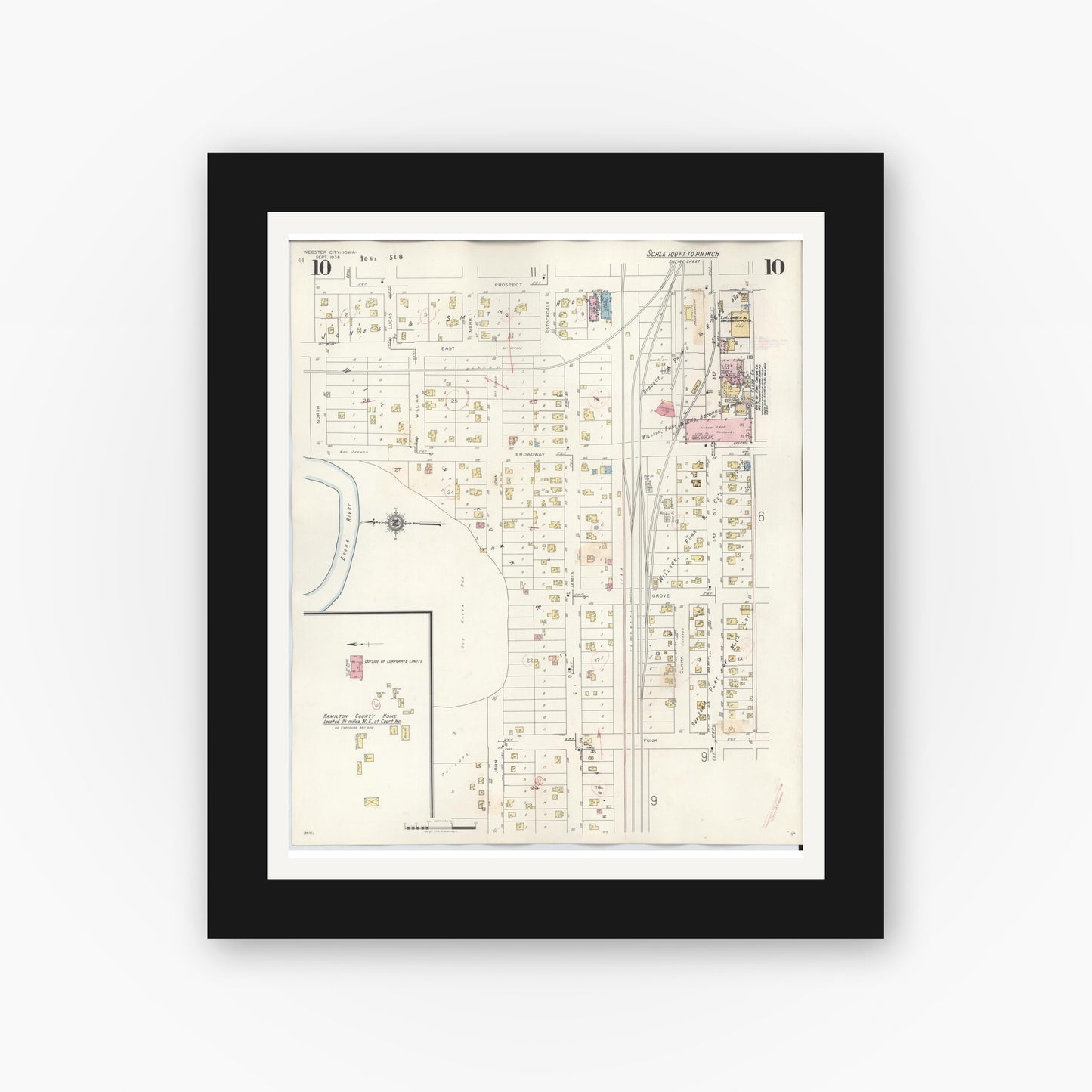 Old map wall art mockup — black gallery frame with white mat — Sanborn Fire Insurance Map from Webster City, Hamilton County, Iowa (1950), Sheet #0010