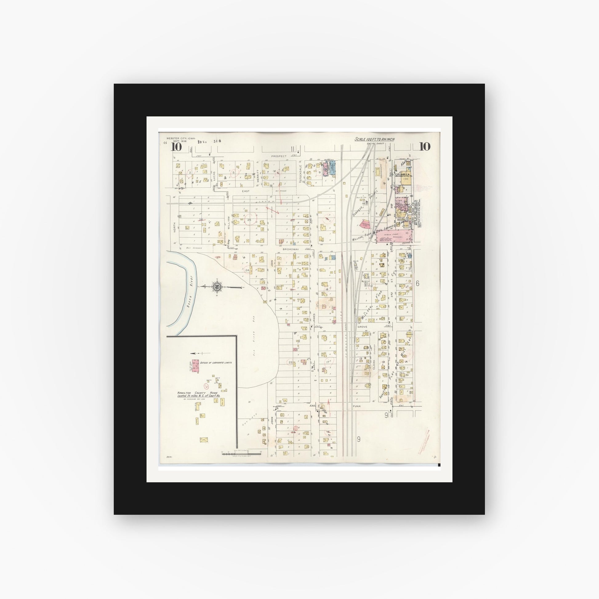Old map wall art mockup — black gallery frame with white mat — Sanborn Fire Insurance Map from Webster City, Hamilton County, Iowa (1950), Sheet #0010