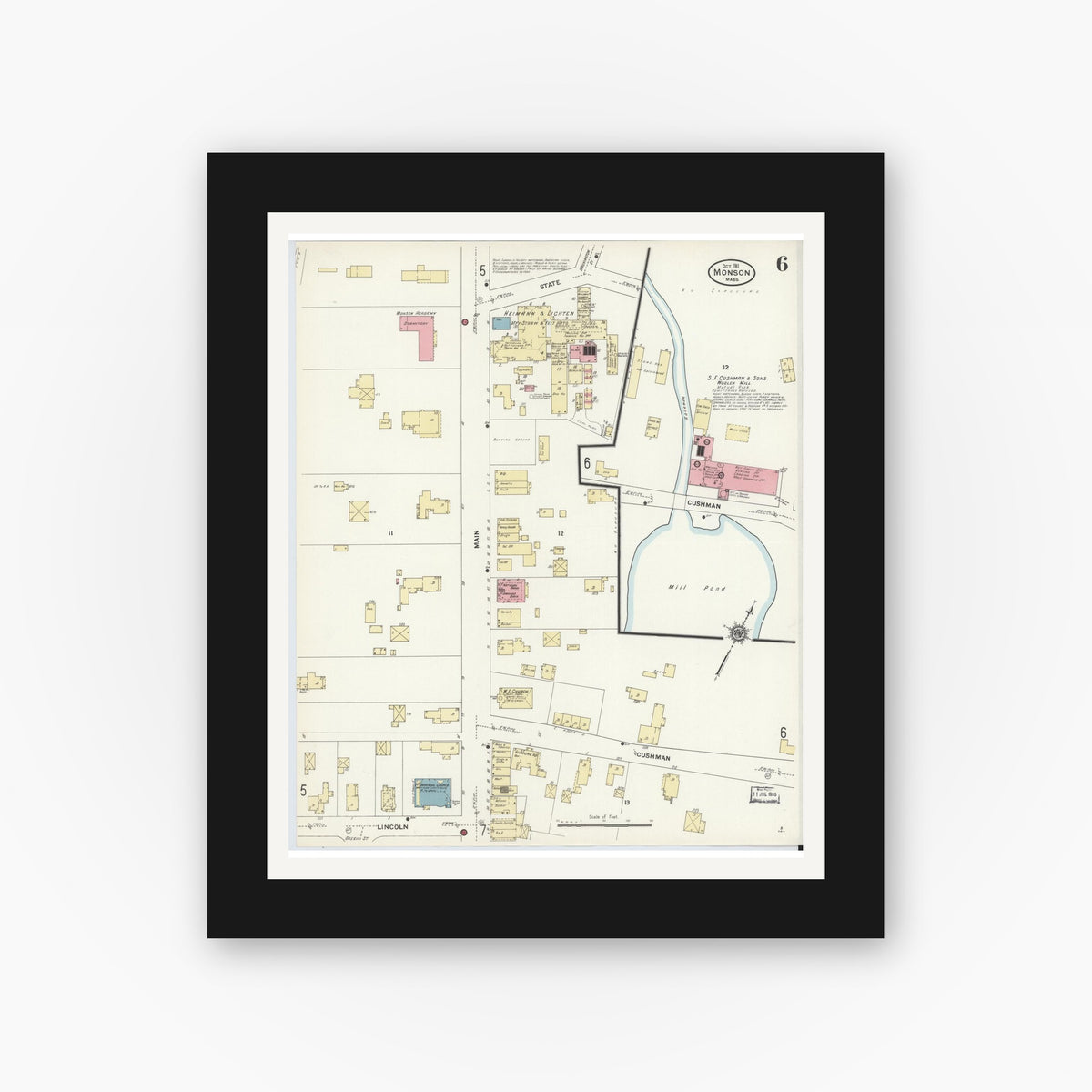 Old map wall art mockup — black gallery frame with white mat — Sanborn Fire Insurance Map from Monson, Hampden County, Massachusetts (1911), Sheet #0006