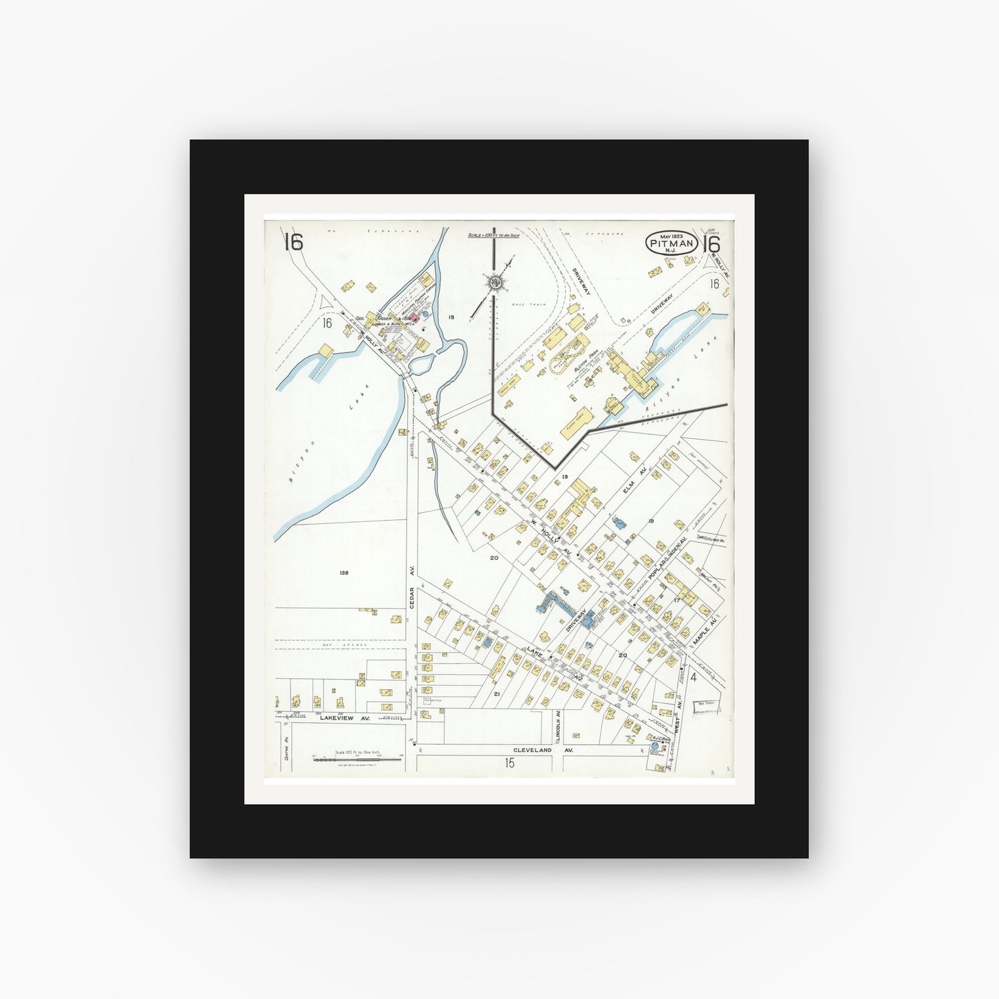 Old map wall art mockup — black gallery frame with white mat — Sanborn Fire Insurance Map from Pitman, Gloucester County, New Jersey (1923), Sheet #0016