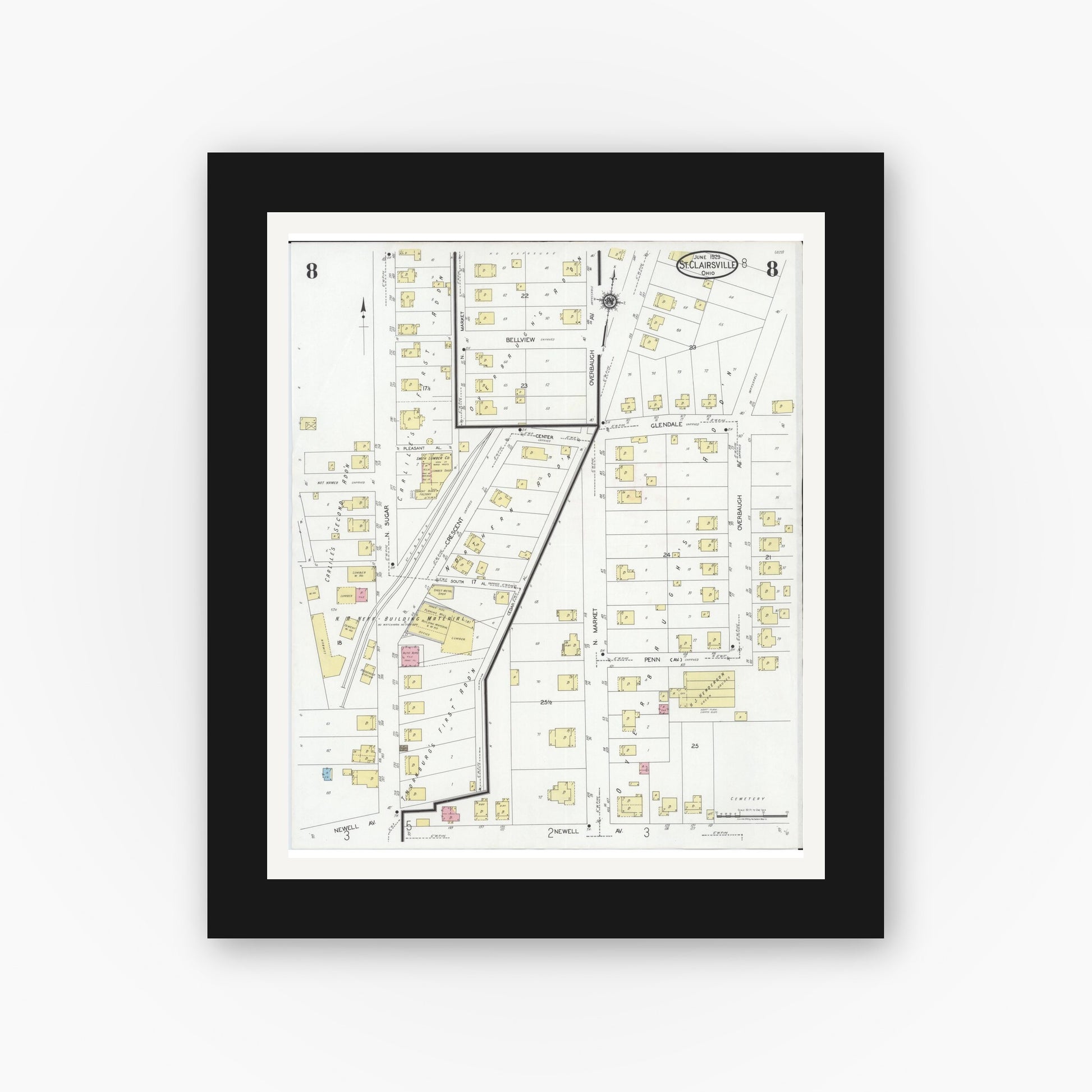 Old map wall art mockup — black gallery frame with white mat — Sanborn Fire Insurance Map from Saint Clairsville, Belmont County, Ohio (1929), Sheet #0008
