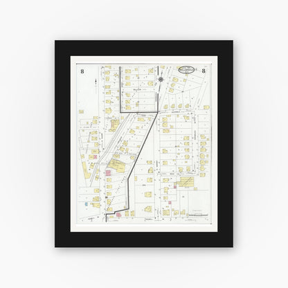 Old map wall art mockup — black gallery frame with white mat — Sanborn Fire Insurance Map from Saint Clairsville, Belmont County, Ohio (1929), Sheet #0008