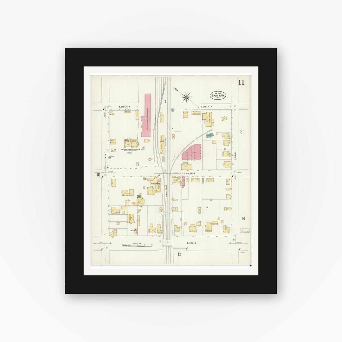 Old map wall art mockup — black gallery frame with white mat — Sanborn Fire Insurance Map from Salisbury, Rowan County, North Carolina (1907), Sheet #0011