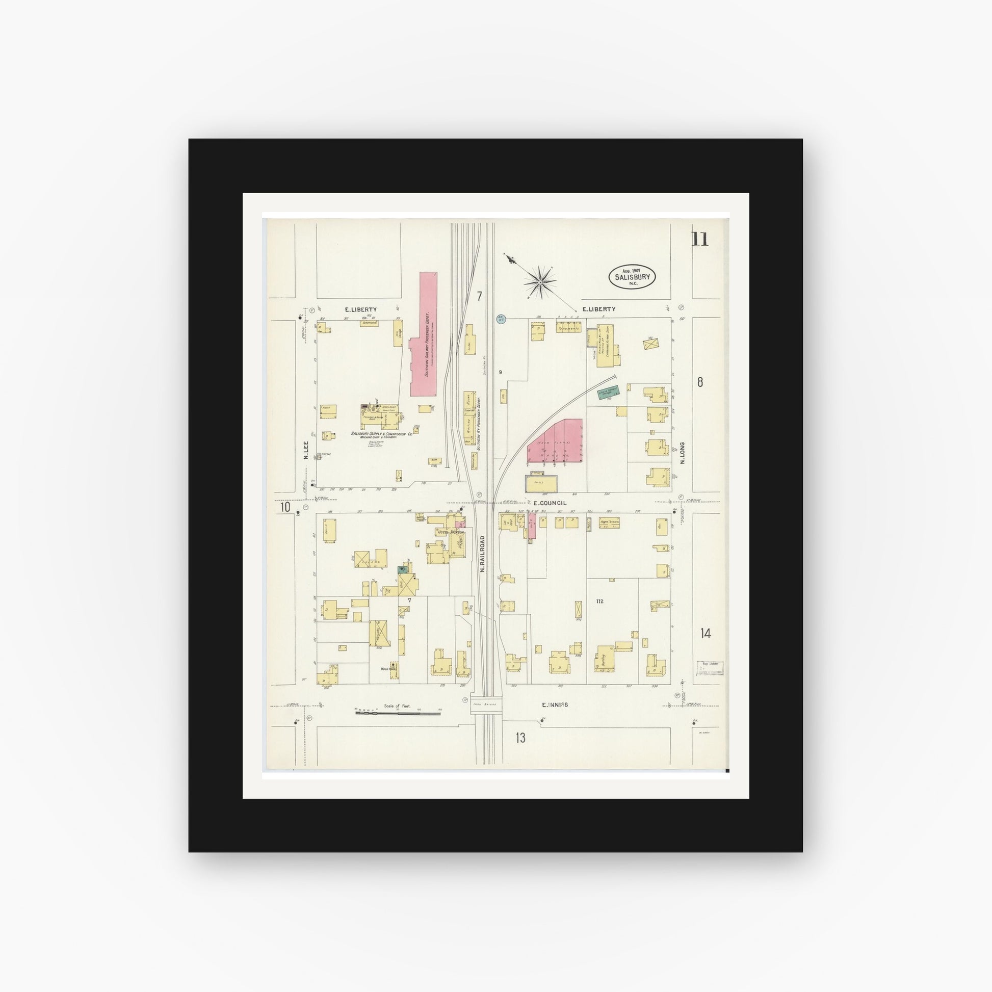 Old map wall art mockup — black gallery frame with white mat — Sanborn Fire Insurance Map from Salisbury, Rowan County, North Carolina (1907), Sheet #0011