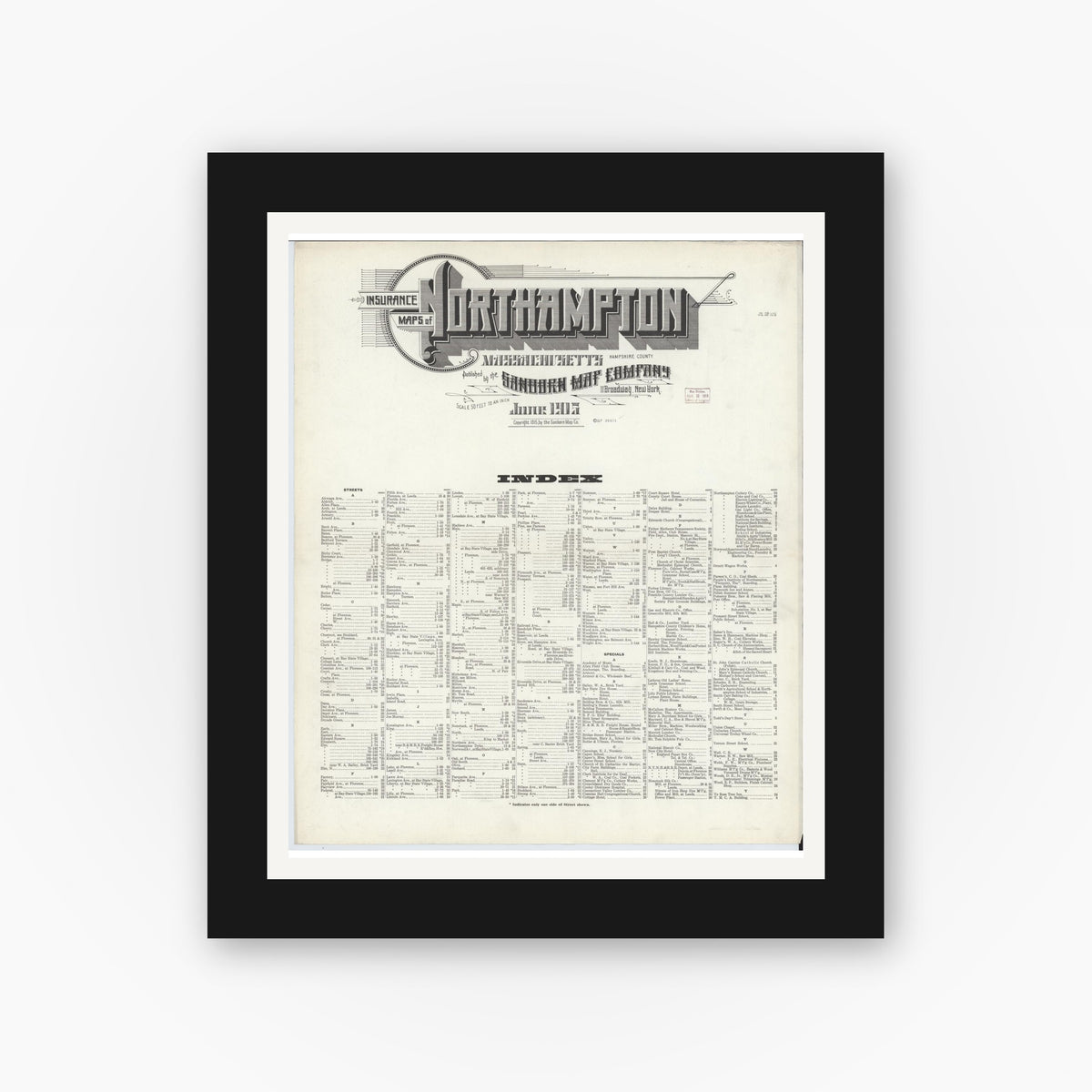 Old map wall art mockup — black gallery frame with white mat — Sanborn Fire Insurance Map from Northampton, Hampshire County, Massachusetts (1915), Sheet #0001