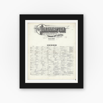 Old map wall art mockup — black gallery frame with white mat — Sanborn Fire Insurance Map from Northampton, Hampshire County, Massachusetts (1915), Sheet #0001
