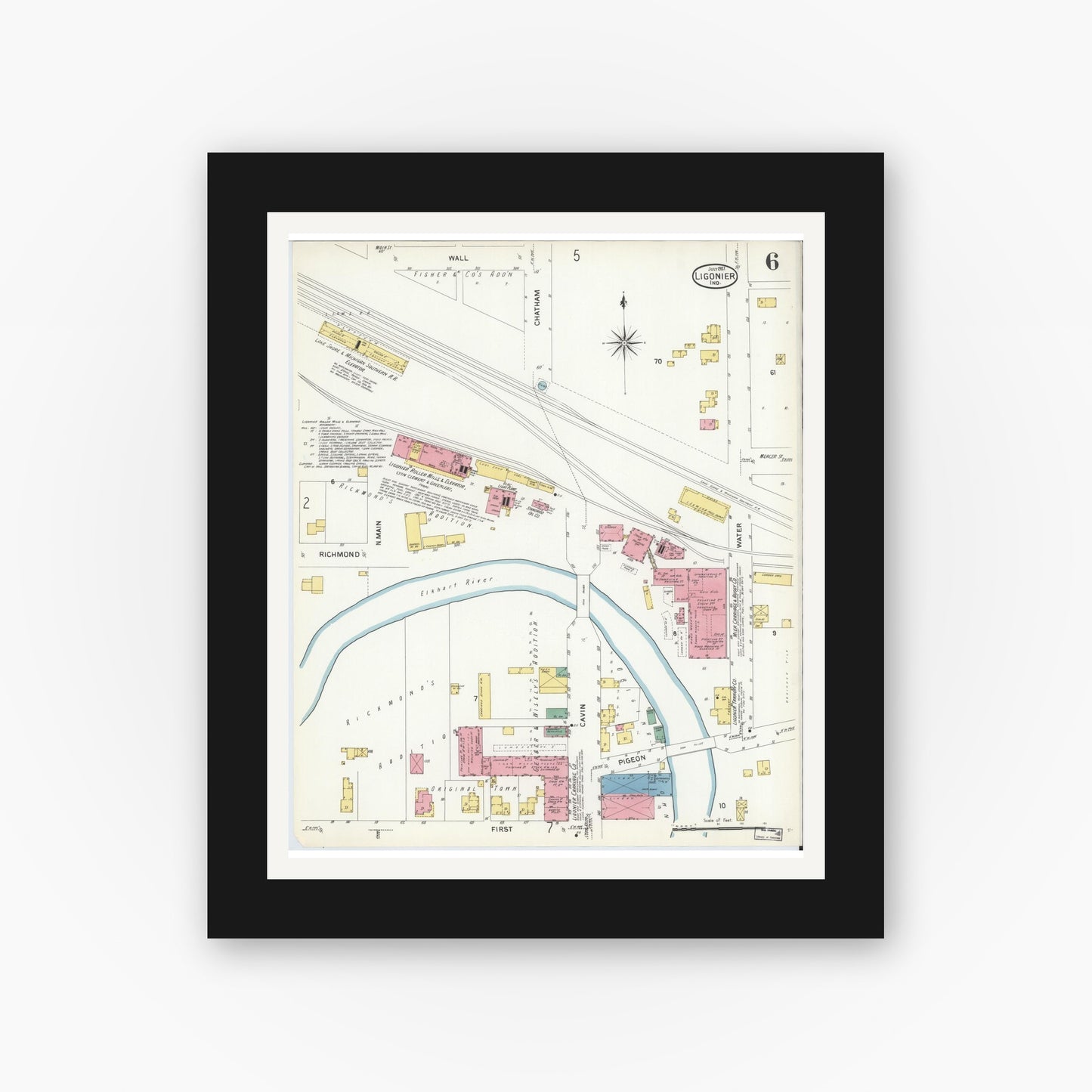 Old map wall art mockup — black gallery frame with white mat — Sanborn Fire Insurance Map from Ligonier, Noble County, Indiana (1907), Sheet #0006