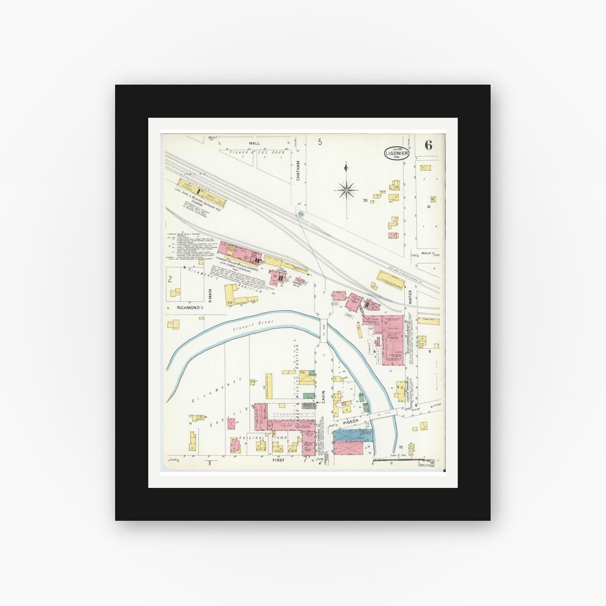 Old map wall art mockup — black gallery frame with white mat — Sanborn Fire Insurance Map from Ligonier, Noble County, Indiana (1907), Sheet #0006