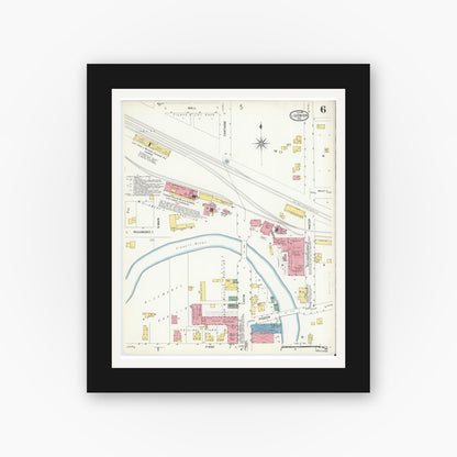 Old map wall art mockup — black gallery frame with white mat — Sanborn Fire Insurance Map from Ligonier, Noble County, Indiana (1907), Sheet #0006