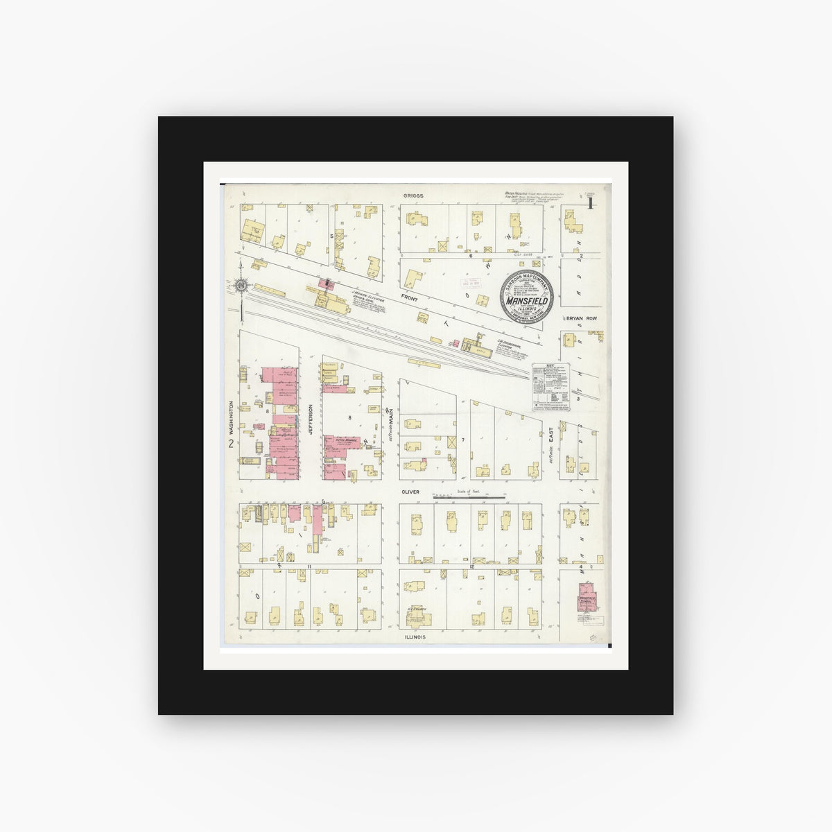Old map wall art mockup — black gallery frame with white mat — Sanborn Fire Insurance Map from Mansfield, Piatt County, Illinois (1911), Sheet #0001