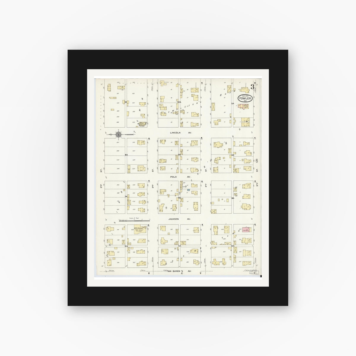Old map wall art mockup — black gallery frame with white mat — Sanborn Fire Insurance Map from Fowler, Benton County, Indiana (1910), Sheet #0003
