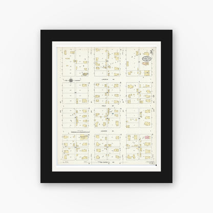 Old map wall art mockup — black gallery frame with white mat — Sanborn Fire Insurance Map from Fowler, Benton County, Indiana (1910), Sheet #0003