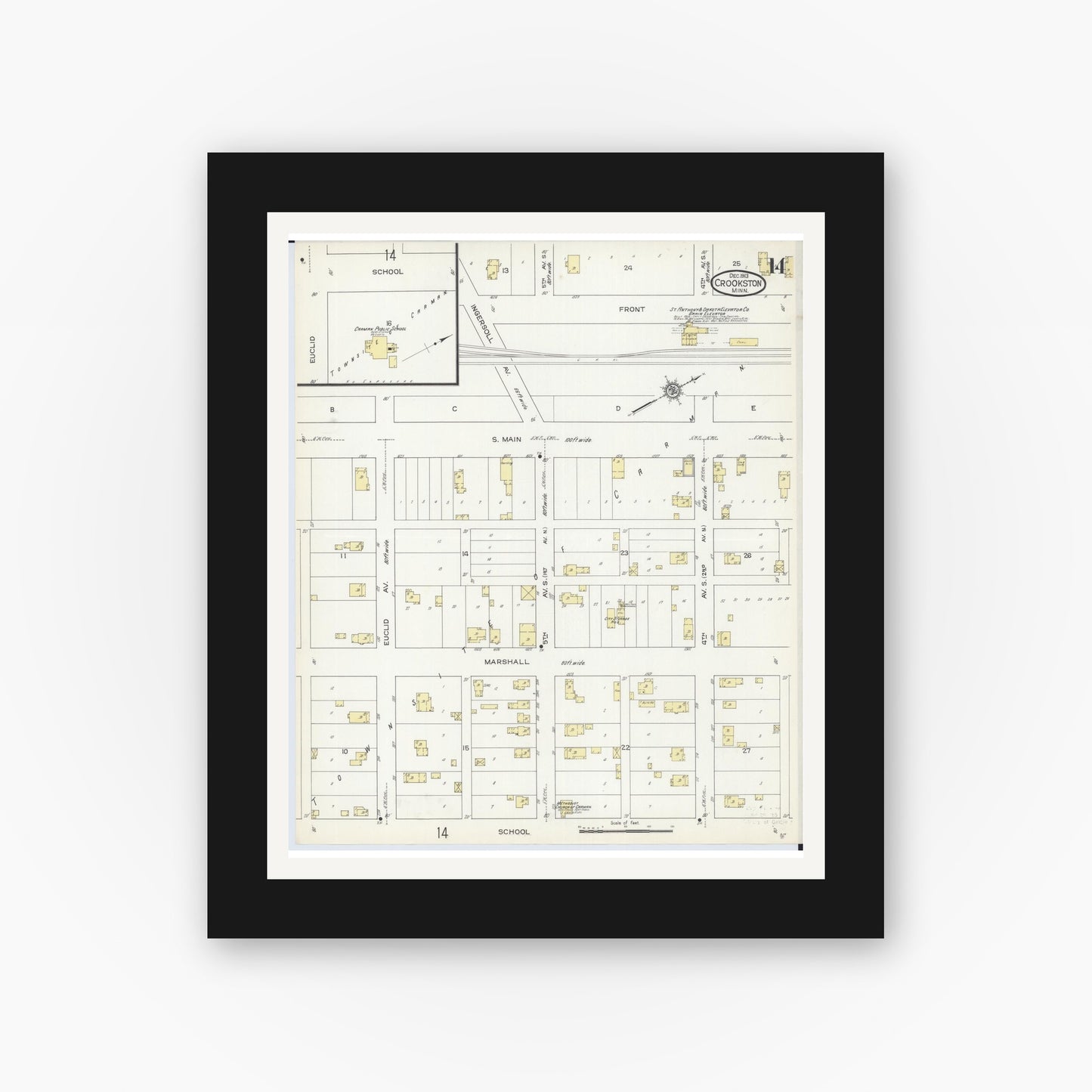 Old map wall art mockup — black gallery frame with white mat — Sanborn Fire Insurance Map from Crookston, Polk County, Minnesota (1913), Sheet #0014
