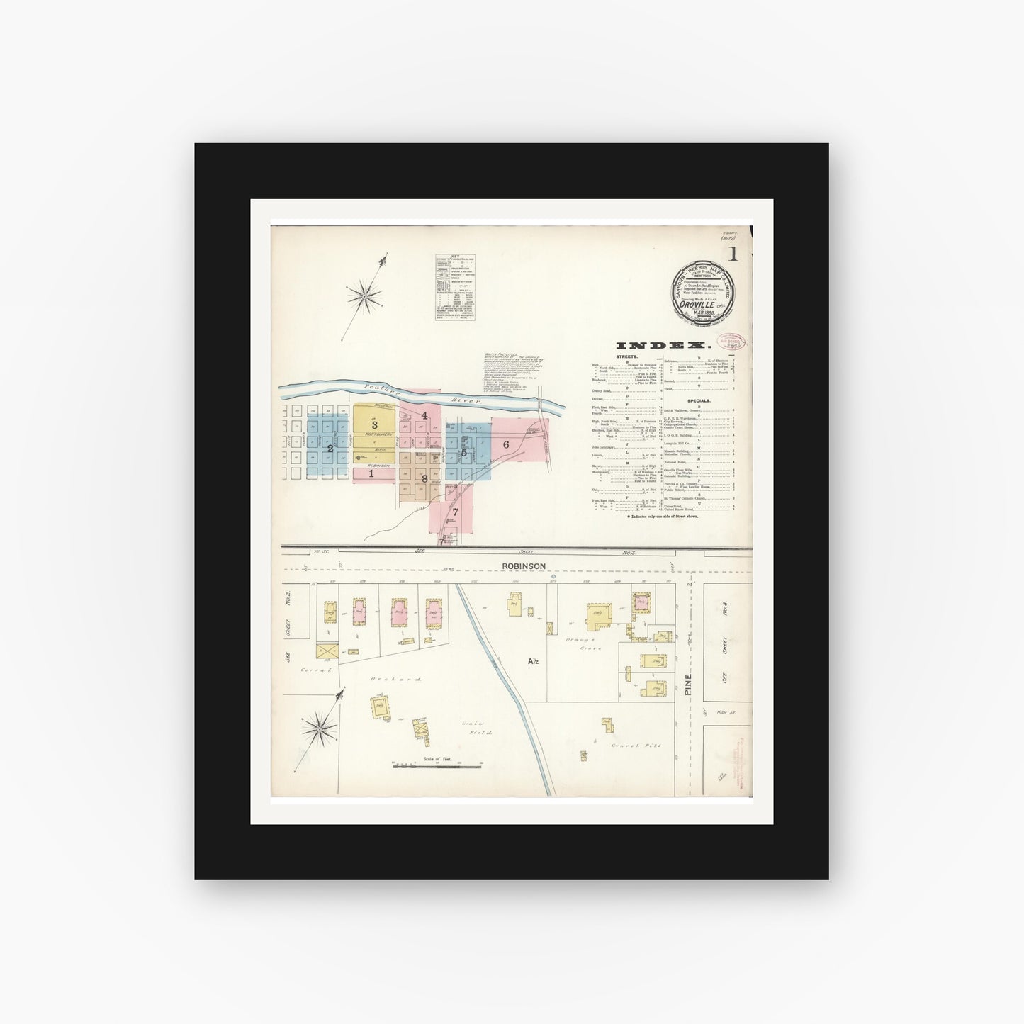 Old map wall art mockup — black gallery frame with white mat — Sanborn Fire Insurance Map from Oroville, Butte County, California (1890) - Complete Map Set