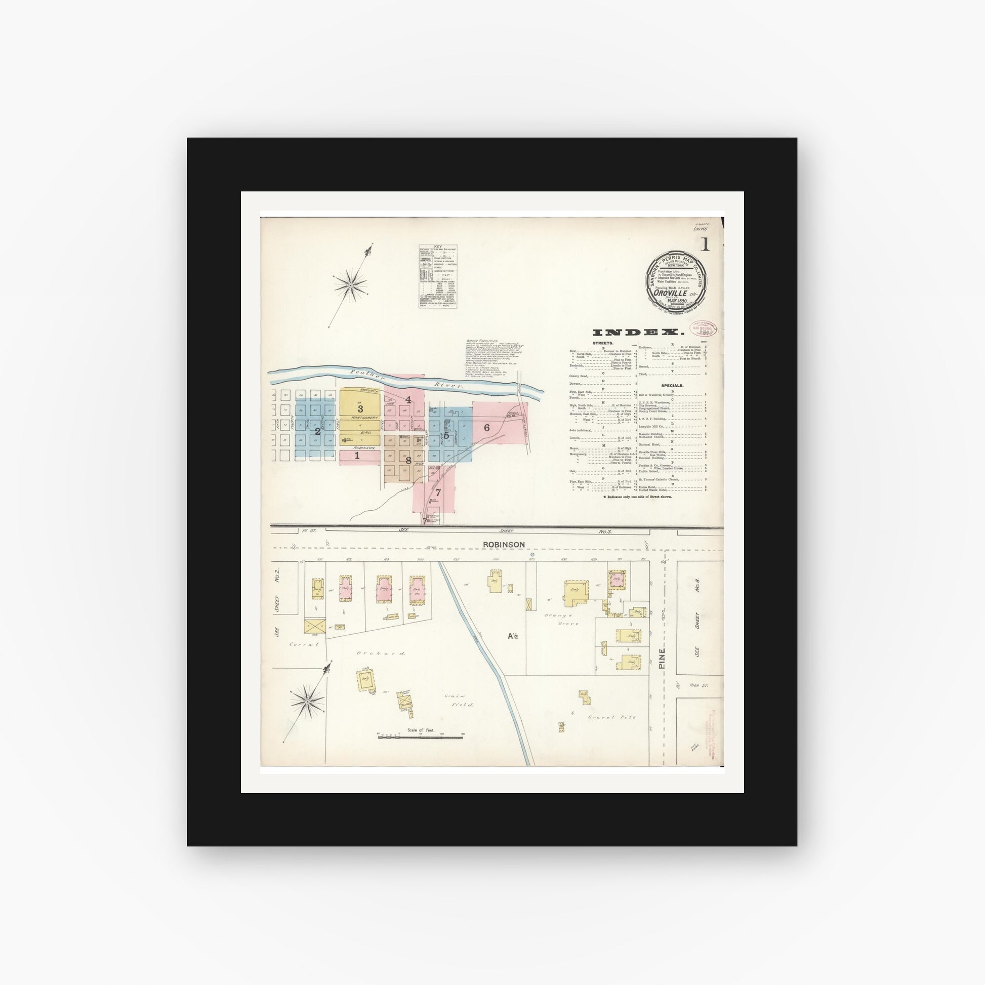 Old map wall art mockup — black gallery frame with white mat — Sanborn Fire Insurance Map from Oroville, Butte County, California (1890) - Complete Map Set