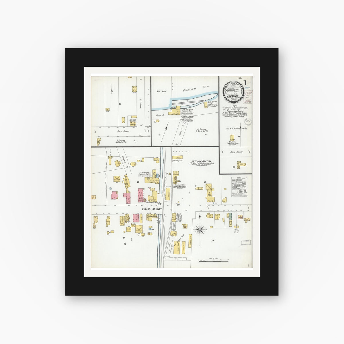 Old map wall art mockup — black gallery frame with white mat — Sanborn Fire Insurance Map from Fredonia, Ozaukee County, Wisconsin (1900), Sheet #0001