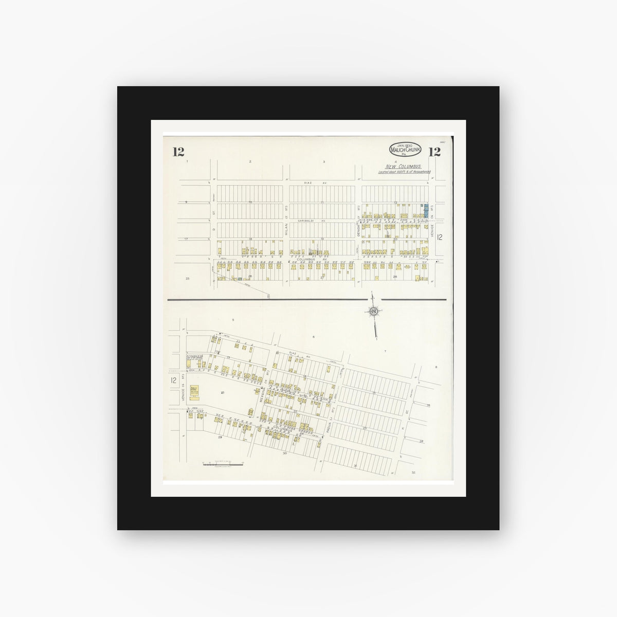 Old map wall art mockup — black gallery frame with white mat — Sanborn Fire Insurance Map from Mauch Chunk, Carbon County, Pennsylvania (1930), Sheet #0012