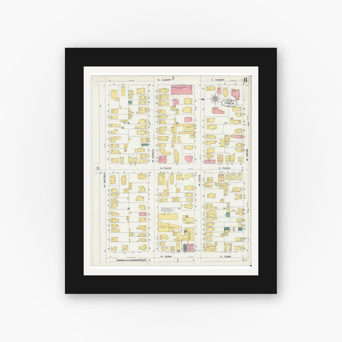 Old map wall art mockup — black gallery frame with white mat — Sanborn Fire Insurance Map from Ithaca, Tompkins County, New York (1904), Sheet #0008