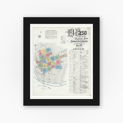 Old map wall art mockup — black gallery frame with white mat — Sanborn Fire Insurance Map from El Paso, El Paso County, Texas (1898) - Complete Map Set