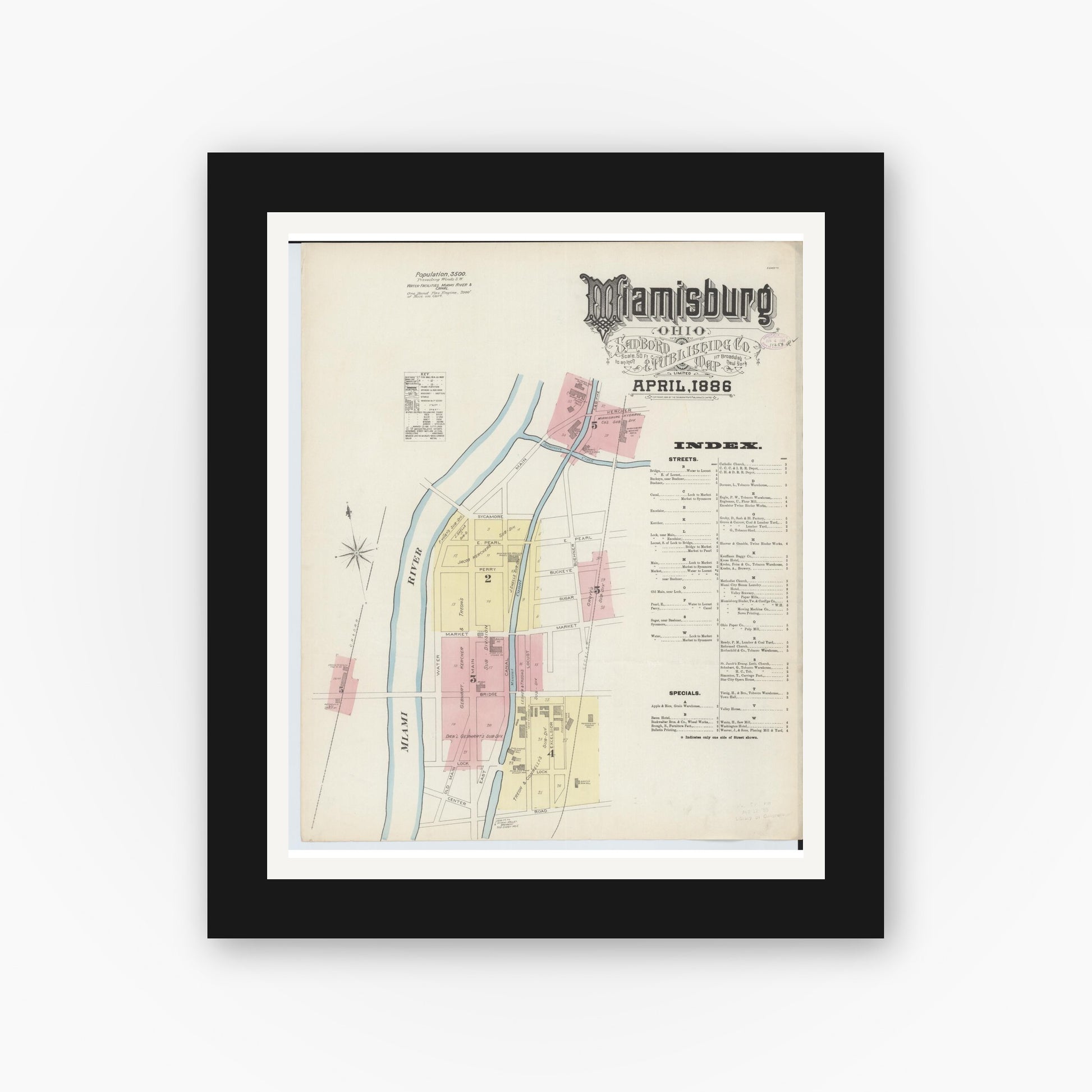 Old map wall art mockup — black gallery frame with white mat — Sanborn Fire Insurance Map from Miamisburg, Montgomery County, Ohio (1886), Sheet #0001