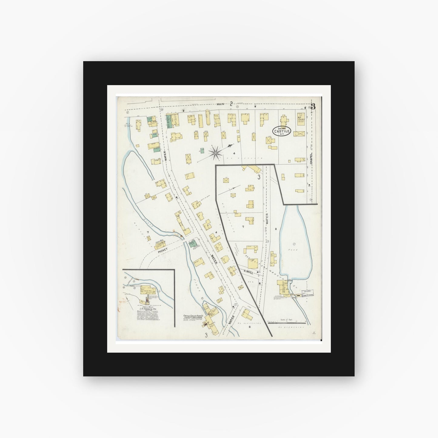Old map wall art mockup — black gallery frame with white mat — Sanborn Fire Insurance Map from Castile, Wyoming County, New York (1905), Sheet #0003