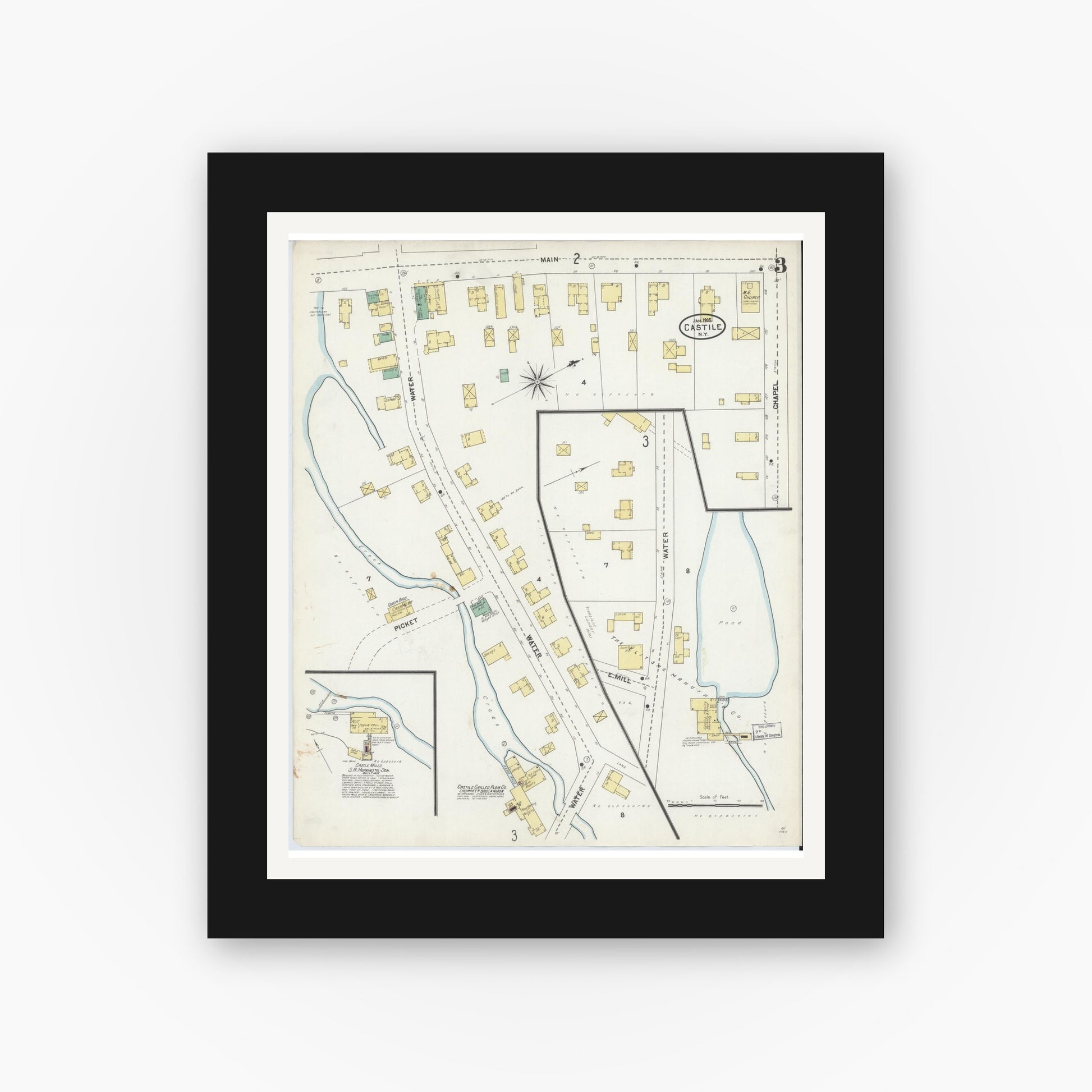 Old map wall art mockup — black gallery frame with white mat — Sanborn Fire Insurance Map from Castile, Wyoming County, New York (1905), Sheet #0003