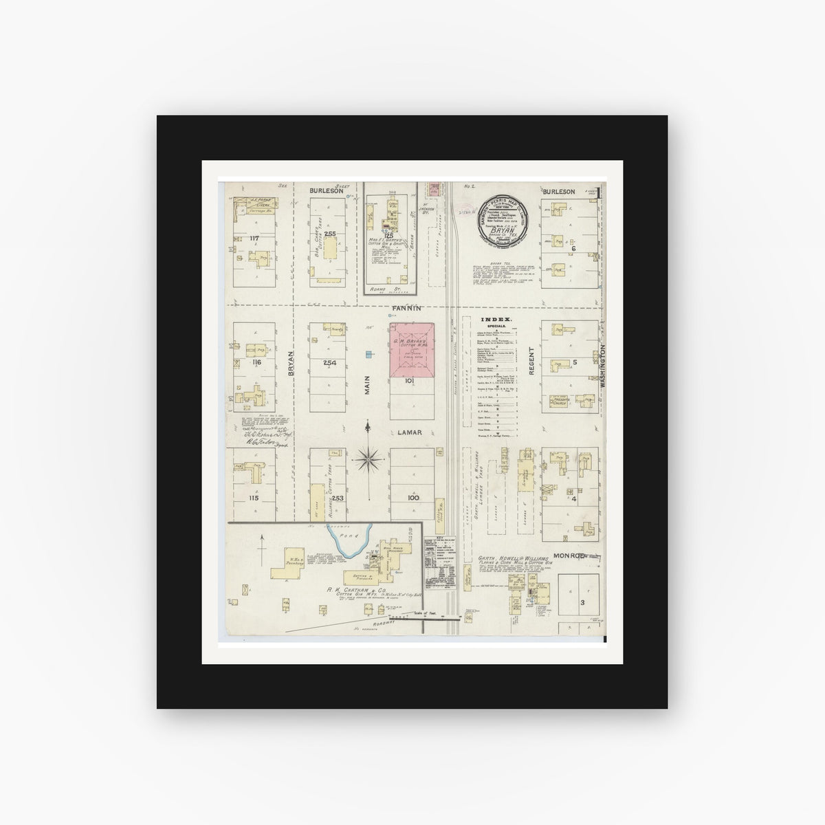 Old map wall art mockup — black gallery frame with white mat — Sanborn Fire Insurance Map from Bryan, Brazos County, Texas (1891), Sheet #0001