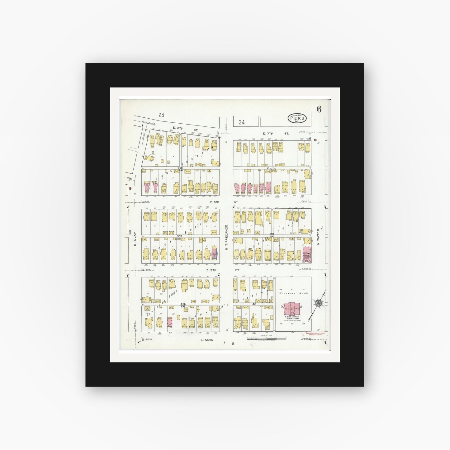 Old map wall art mockup — black gallery frame with white mat — Sanborn Fire Insurance Map from Peru, Miami County, Indiana (1920), Sheet #0006