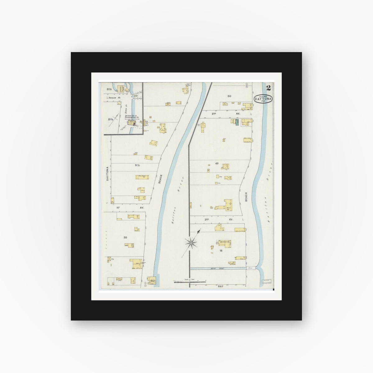 Old map wall art mockup — black gallery frame with white mat — Sanborn Fire Insurance Map from Daytona, Volusia County, Florida (1895), Sheet #0002