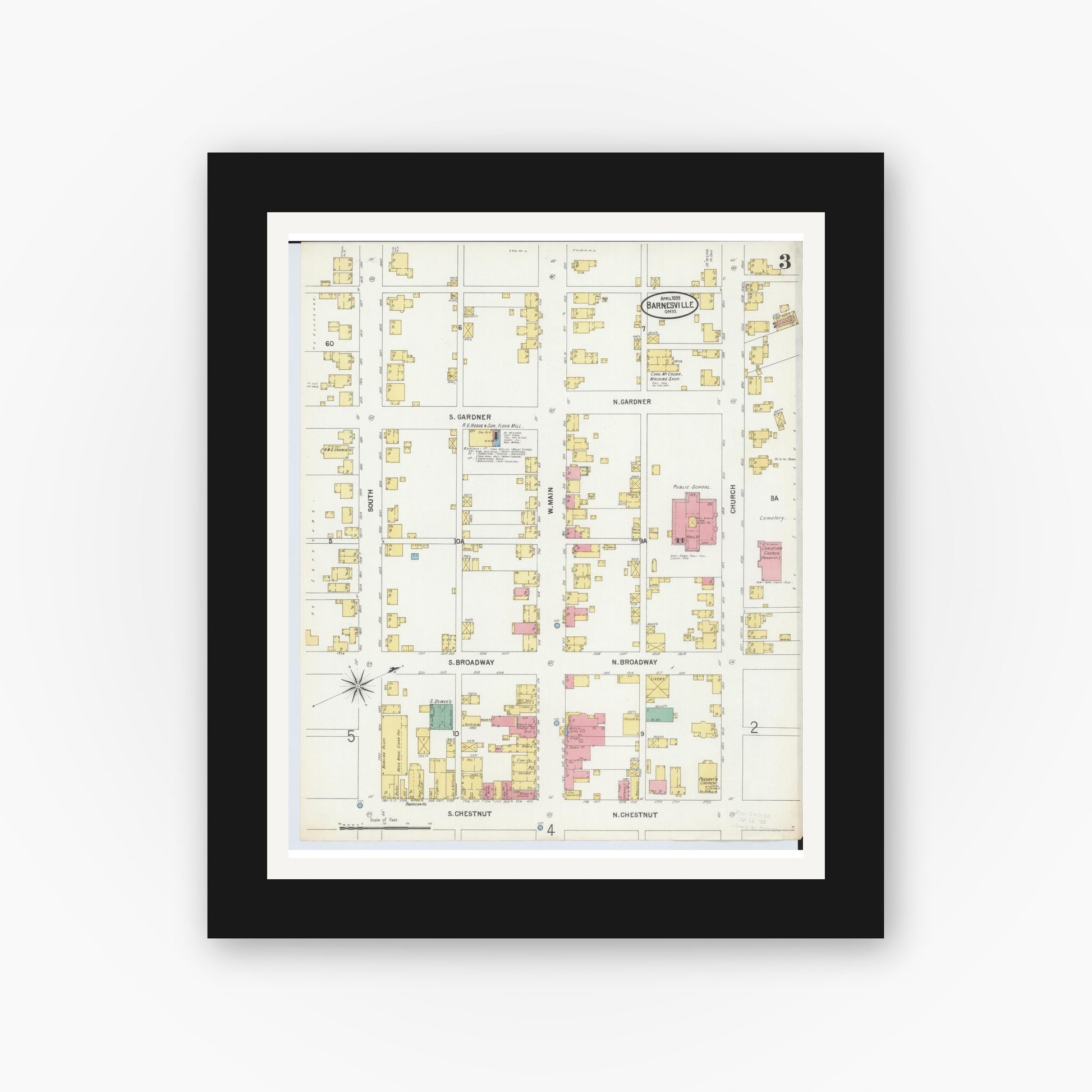 Old map wall art mockup — black gallery frame with white mat — Sanborn Fire Insurance Map from Barnesville, Belmont County, Ohio (1899), Sheet #0003