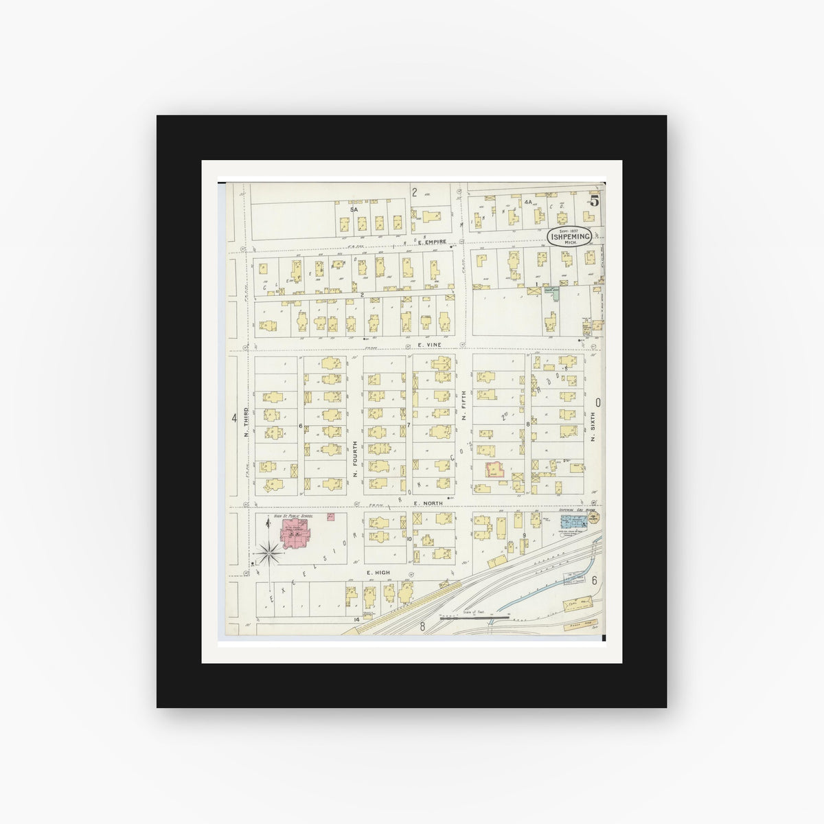 Old map wall art mockup — black gallery frame with white mat — Sanborn Fire Insurance Map from Ishpeming, Marquette County, Michigan (1897), Sheet #0005