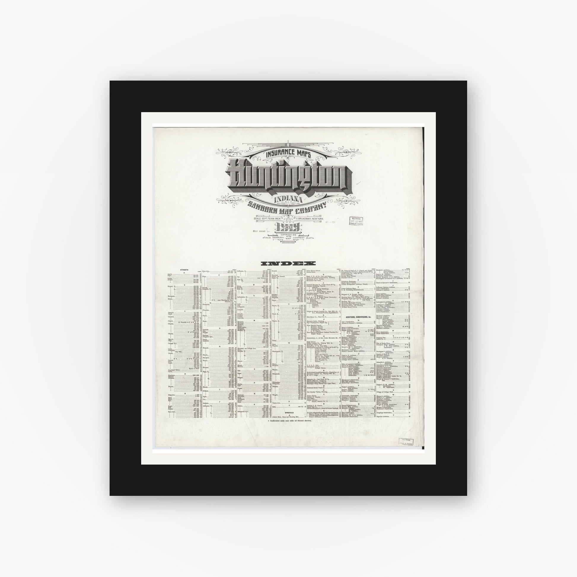 Old map wall art mockup — black gallery frame with white mat — Sanborn Fire Insurance Map from Huntington, Huntington County, Indiana (1919), Sheet #0001