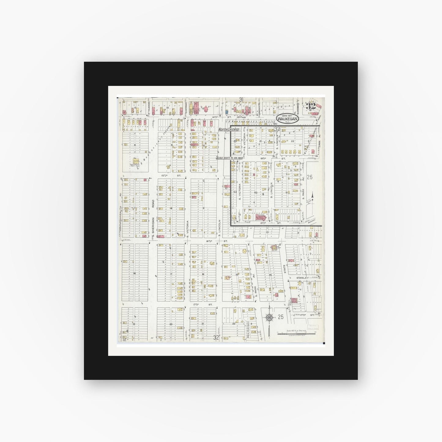 Old map wall art mockup — black gallery frame with white mat — Sanborn Fire Insurance Map from Waukegan, Lake County, Illinois (1917), Sheet #0032